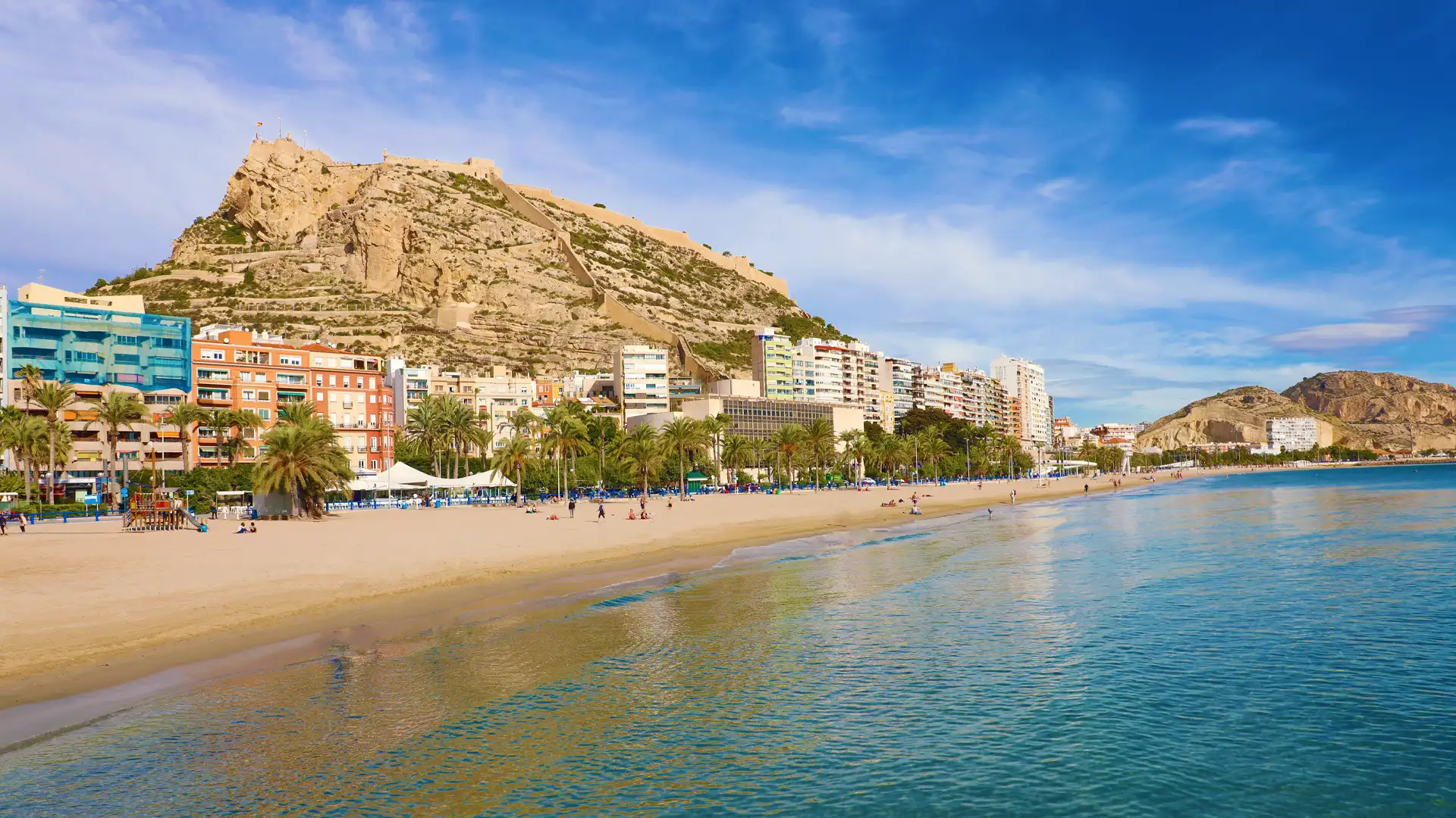 Panoramic view of Postiguet Beach with Alicante city center in the background